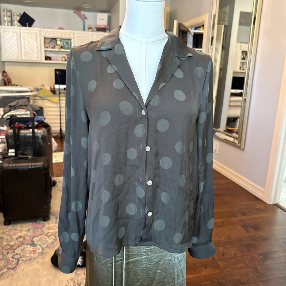 Army Green Polka Dot Button-Up Blouse